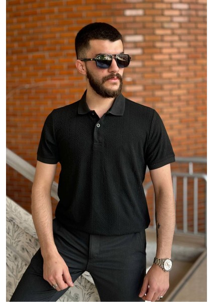 Slimfit Kesim Erkek Jakar Yakalı Desenli TSHIRT-SİYAH-909