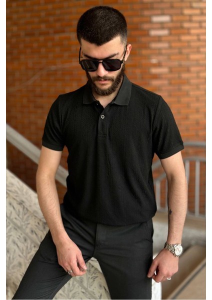 Slimfit Kesim Erkek Jakar Yakalı Desenli TSHIRT-SİYAH-909 fiyatları