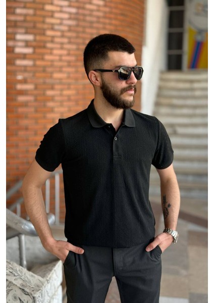 Slimfit Kesim Erkek Jakar Yakalı Desenli TSHIRT-SİYAH-909 modelleri