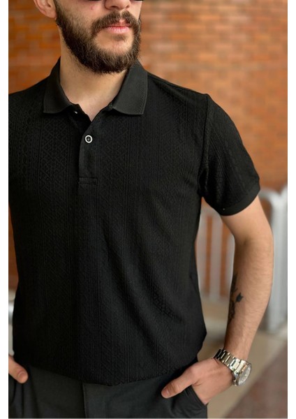 Slimfit Kesim Erkek Jakar Yakalı Desenli TSHIRT-SİYAH-909 fırsatları