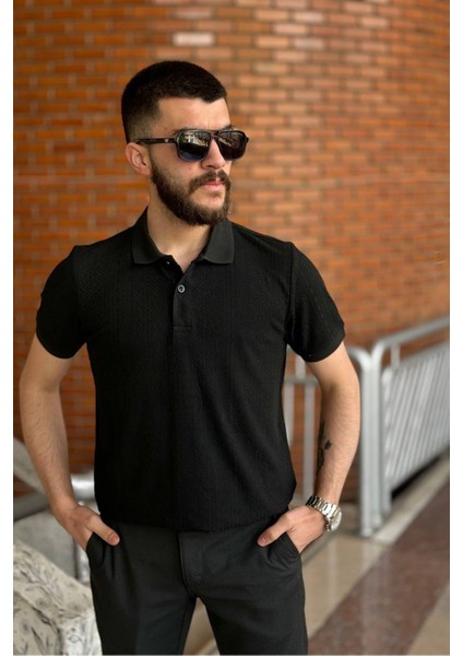 Slimfit Kesim Erkek Jakar Yakalı Desenli TSHIRT-SİYAH-909 indirimleri