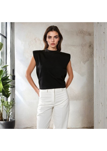 Siyah Vatkalı Kolsuz Penye Kadın Bluz, Kolsuz T-Shirt, Kadın T-Shirt, Vatkalı T-Shirt, Örme T-Shirt