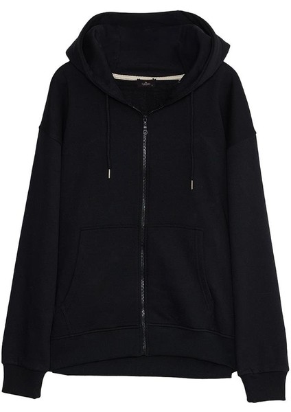 Erkek Relax Fit Rahat Kesim Pamuklu Tam Fermuarlı Kanguru Cepli sırt Çantalı Siyah Sweatshirt