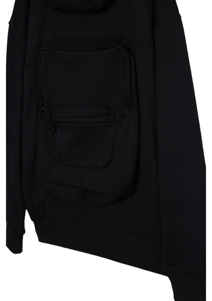 Erkek Relax Fit Rahat Kesim Pamuklu Tam Fermuarlı Kanguru Cepli sırt Çantalı Siyah Sweatshirt modelleri
