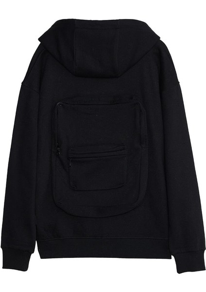 Erkek Relax Fit Rahat Kesim Pamuklu Tam Fermuarlı Kanguru Cepli sırt Çantalı Siyah Sweatshirt fırsatları
