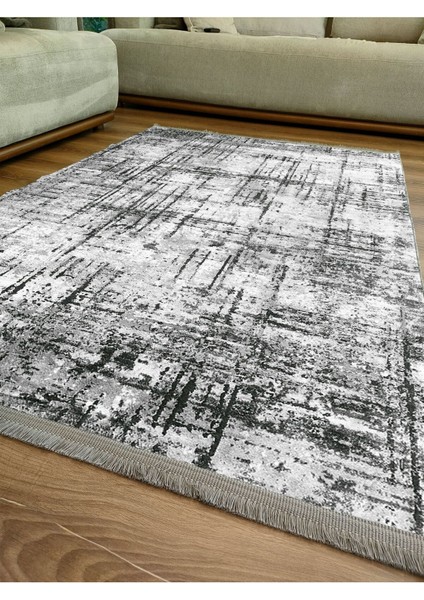 Mars Halı Gri Tonunda Dekoratif Kilim Salon Halısı Peluş Halı Saçaklı Yıkanabilen Halı