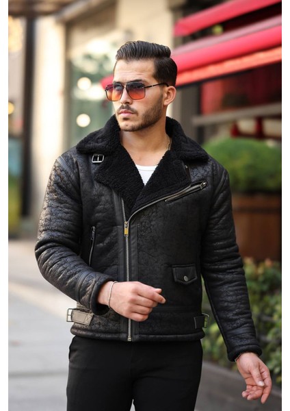 1054-SLIMFIT Kesim Erkek Yan Fermuarlı Kürk Yaka Süet Deri Mont-Siyah