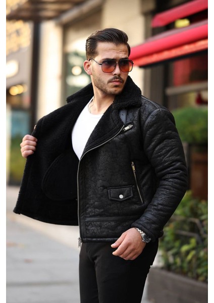 1054-SLIMFIT Kesim Erkek Yan Fermuarlı Kürk Yaka Süet Deri Mont-Siyah fiyatları