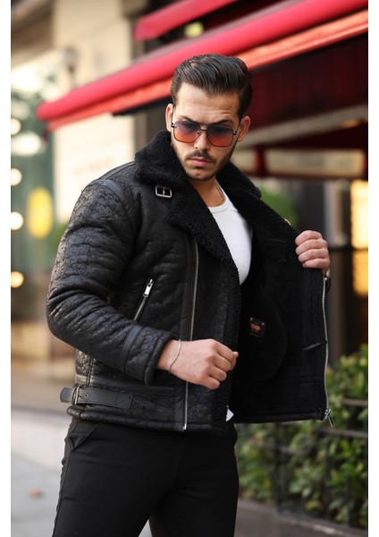 1054-SLIMFIT Kesim Erkek Yan Fermuarlı Kürk Yaka Süet Deri Mont-Siyah modelleri