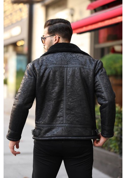 1054-SLIMFIT Kesim Erkek Yan Fermuarlı Kürk Yaka Süet Deri Mont-Siyah fırsatları