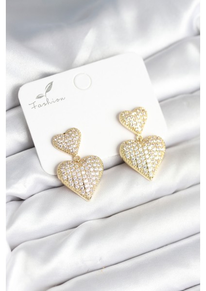 Kalp Model Zirkon Taşlı Gold Renk Pirinç Kadın Küpe
