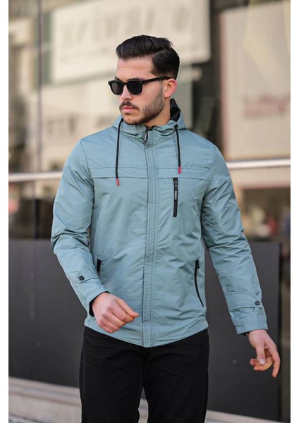 Slimfit Kesim Duz Desen Mevsimlik Kapşonlu Mont-Su Yesili