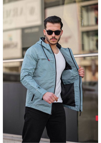 Slimfit Kesim Duz Desen Mevsimlik Kapşonlu Mont-Su Yesili modelleri