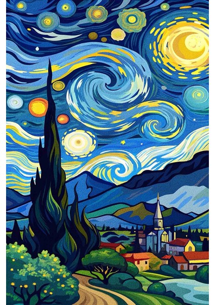 Van Gogh Yıldızlı Geceler Pastel Tonlarında Dokuma Taban Salon Halısı Çocuk Halısı Mars 259