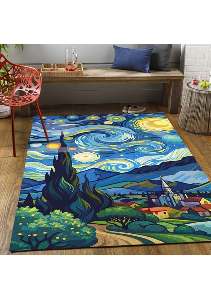 Van Gogh Yıldızlı Geceler Pastel Tonlarında Dokuma Taban Salon Halısı Çocuk Halısı Mars 259