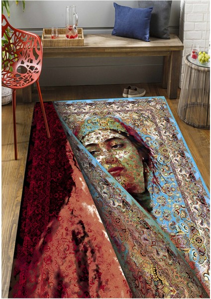 Mavi ve Bordo Tonlarda Kadın Silüeti Etnik Desenli Vintage Dokuma Taban Salon Halı Mars 150 modelleri