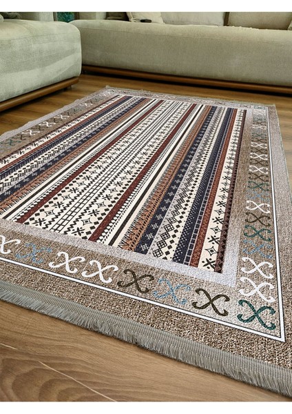 Mars 2075 Serisi Kahve Tonlarında Etnik Geometrik Desen Kaymaz Taban Dekoratif Halı