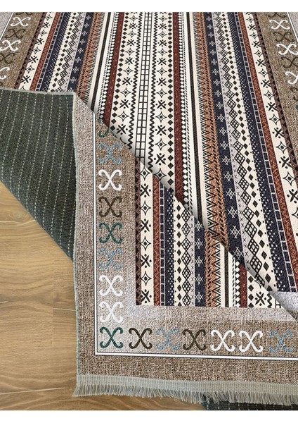 Mars 2075 Serisi Kahve Tonlarında Etnik Geometrik Desen Kaymaz Taban Dekoratif Halı