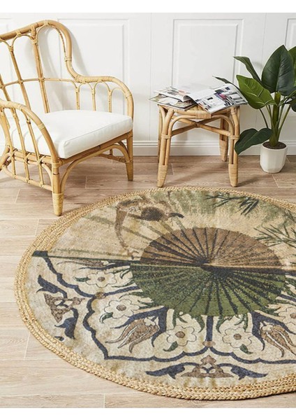 Boho 901 Doğa ve Botanik Desenli Etnik Örgü Yuvarlak Natural Renk Çift Taraflı Halı