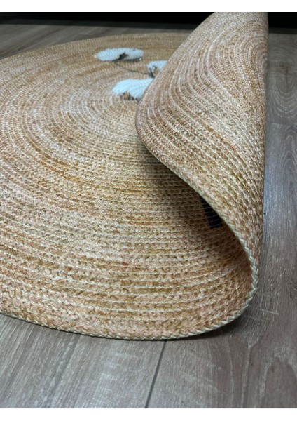 Boho 901 Doğa ve Botanik Desenli Etnik Örgü Yuvarlak Natural Renk Çift Taraflı Halı