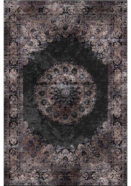 Eskitme Siyah Desenli Yıkanabilir Kaymaz Tabanlı Salon Halısı, Koridor ve Mutfak Halısı