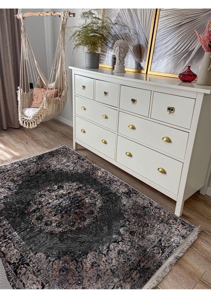 Eskitme Siyah Desenli Yıkanabilir Kaymaz Tabanlı Salon Halısı, Koridor ve Mutfak Halısı modelleri