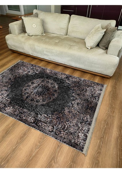 Eskitme Siyah Desenli Yıkanabilir Kaymaz Tabanlı Salon Halısı, Koridor ve Mutfak Halısı fırsatları