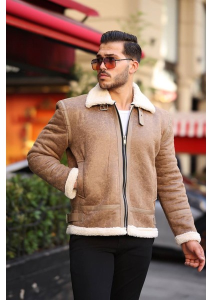 1050-SLIMFIT Kesim Erkek Kürk Yaka Düz Fermuarlı Süet Deri Mont-Vizon