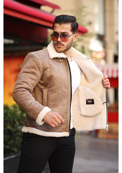 1050-SLIMFIT Kesim Erkek Kürk Yaka Düz Fermuarlı Süet Deri Mont-Vizon fiyatları