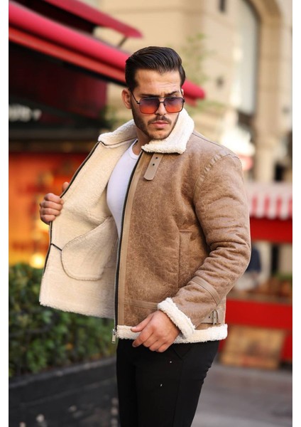 1050-SLIMFIT Kesim Erkek Kürk Yaka Düz Fermuarlı Süet Deri Mont-Vizon modelleri