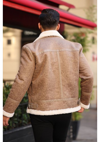 1050-SLIMFIT Kesim Erkek Kürk Yaka Düz Fermuarlı Süet Deri Mont-Vizon fırsatları