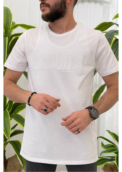 Slimfit Kesim Erkek Baskı Desen Adventure Sıfır Yaka Tshirt-Beyaz