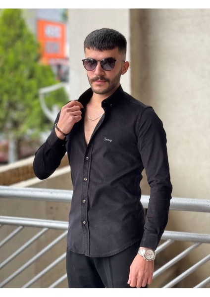Slimfit Kesim Erkek Kadife Kumaş-Siyah