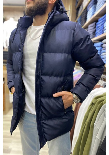 Slimfit Kesim Erkek Sisme Kapuşonlu Mont-Lacivert