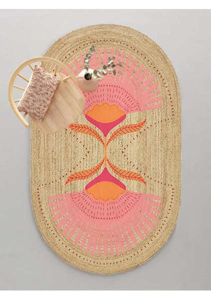 Boho 989 Jüt Hasır Etnik Desenli Oval Jüt Örme Doğal Hasır Natural Oval Halı
