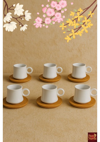 Porselen 6'lı Beyaz Türk Kahvesi Fincan Seti – Bambu Altlıklı Şık ve Dayanıklı Hediyelik Tasarım
