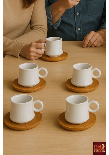 Porselen 6'lı Beyaz Türk Kahvesi Fincan Seti – Bambu Altlıklı Şık ve Dayanıklı Hediyelik Tasarım fırsatları