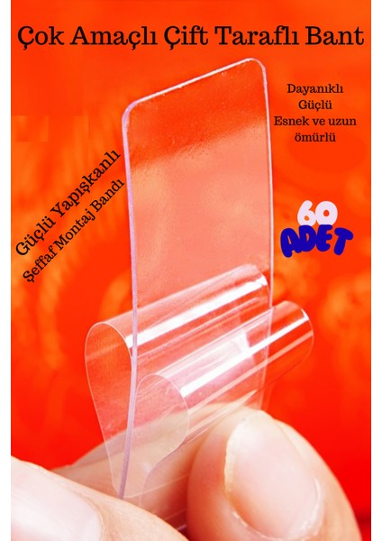 60 Parça Çok Amaçlı Çift Taraflı Bant – 1x4 cm Güçlü Yapışkanlı Şeffaf Montaj Bandı