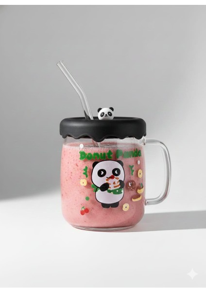 Silikon Kapaklı Pipetli 500ML Cam Bardak Kupa