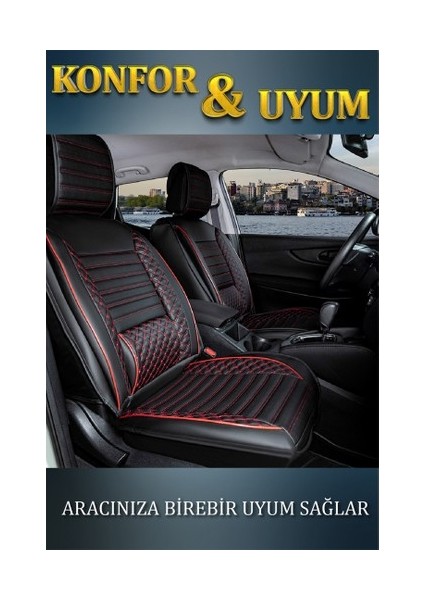 Aldysm Renault Fluence Lüx Deri Oto Koltuk Kılıfı Ön Arka Takım Elit Serisi Siyah Kırmızı