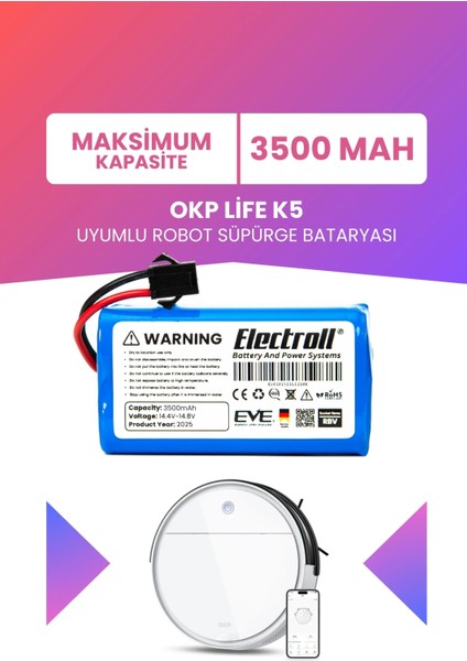 Okp Life K5 Uyumlu Batarya (Maksimum Kapasite) 3500MAH Pil Robot Süpürge Bataryası