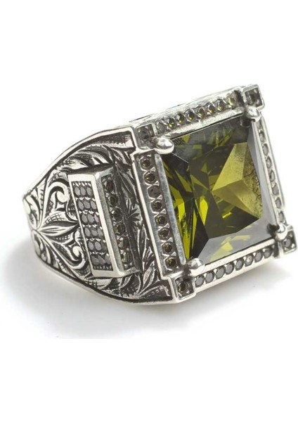 925 Ayar Gümüş Kare Peridot Taşlı Erkek Yüzük