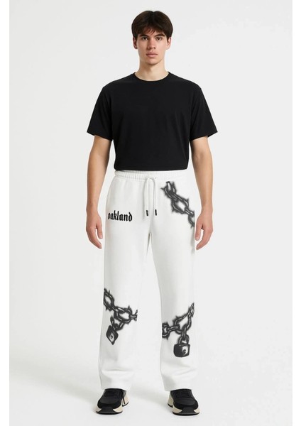 Mdb Erkek Üç Iplik Pamuklu Baskılı Cepli Jogger Buggy Pantalon Oversize Kalıp Beyaz