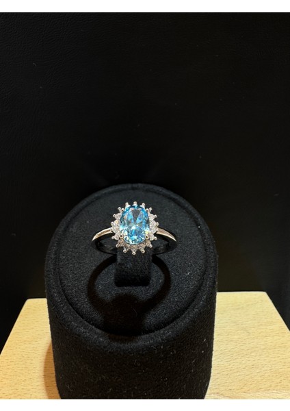 Ithal Mavi Oval Taşlı Kadın Gümüş Yüzük