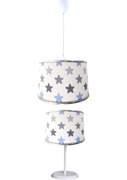 Mavi Yıldızlı 2.li Set M-817 Kumaş Kaplama Genç ve Çocuk Odası Avize ve Abajur Takımı
