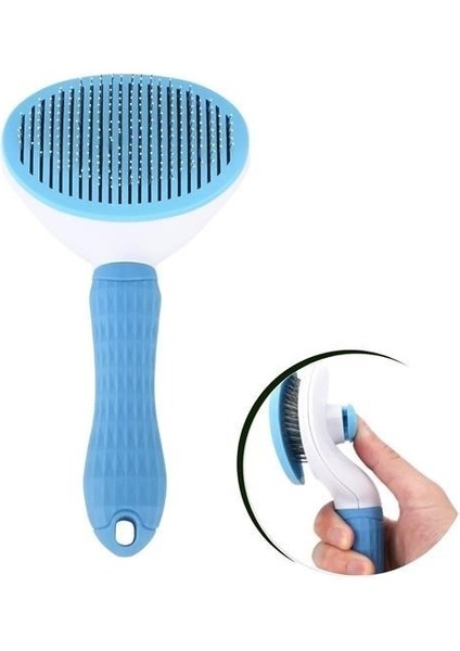 Bzrv® Kedi Köpek Tüy Toplayıcı Kendini Temizleyebilen Ergonomik Saplı Evcil Hayvan Tarağı Mavi