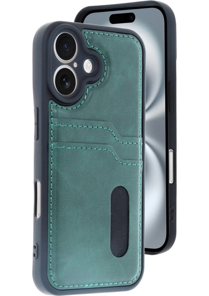 Iphone 16 Kılıf Sara Kartvizitli Deri Kılıf - Koyu Yeşil