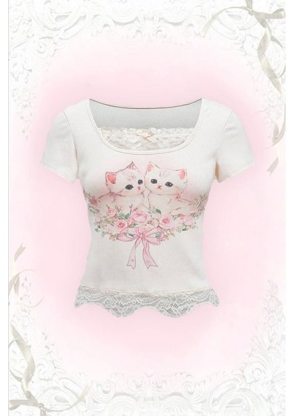 Kawai Cats Dantelli Beyaz Basic Slim Bluz