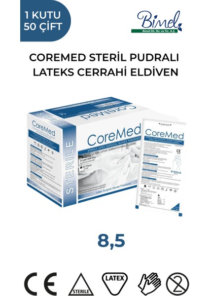 Coremed Steril Cerrahi Lateks Pudralı Eldiven 8,5 Beden 50 Çift