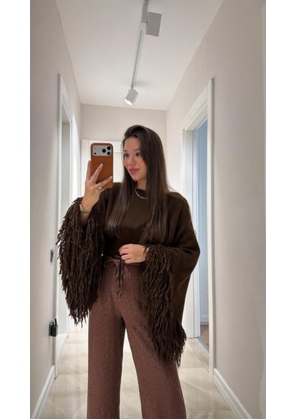 Kadın Püsküllü Triko Kazak Kahverengi